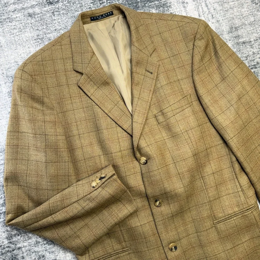 VTG Hugo BOSS Blazer Jacket Men 44L Brown Windowpane Cashmere Old Money Academia